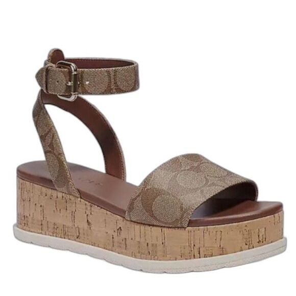 Coach Talulah Brown Signature Print Platform Ankle Strap Sandals Size 6B - Picture 1 of 15